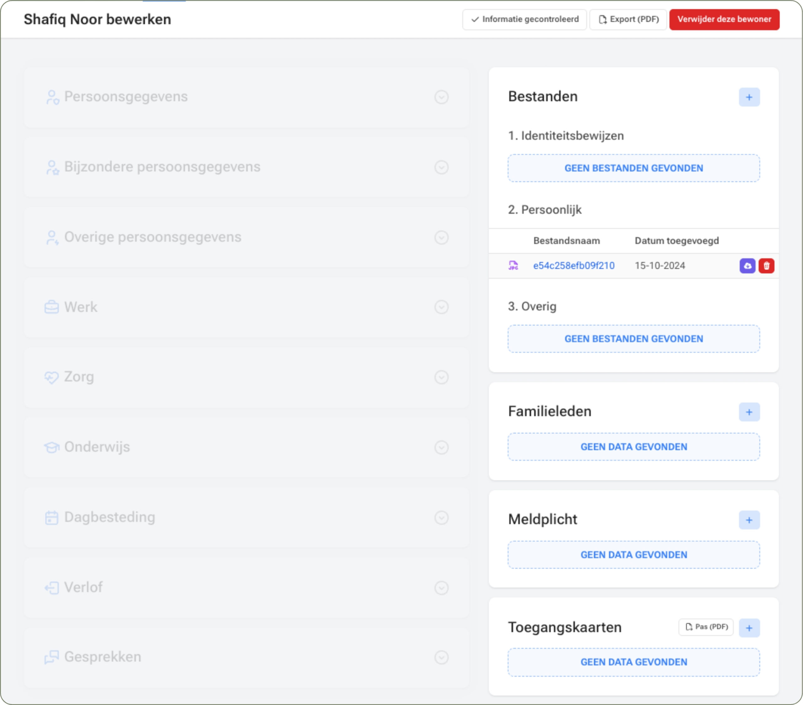 Bestandsregistratie in het dossier