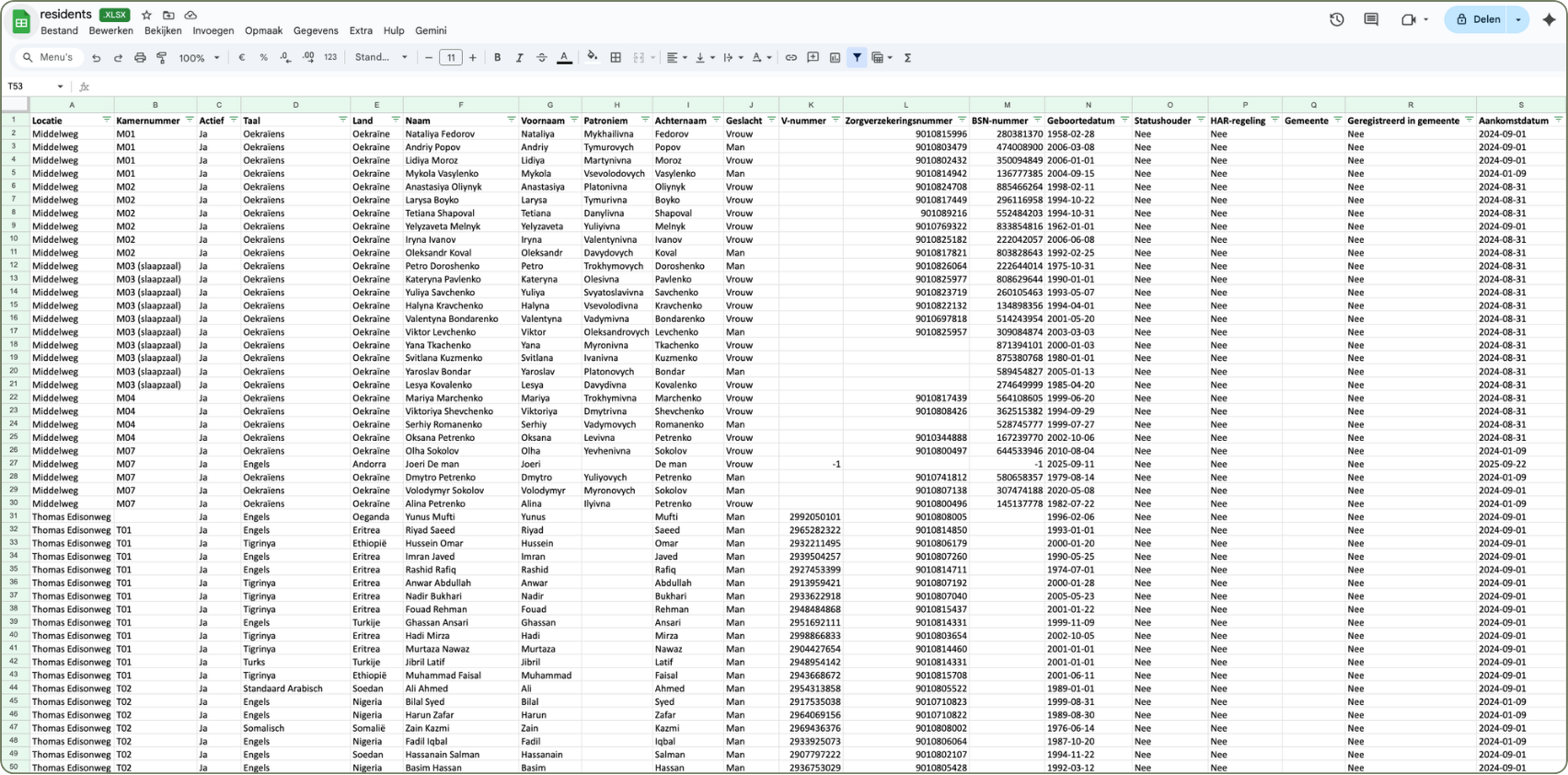 Exporteer bewoners functie