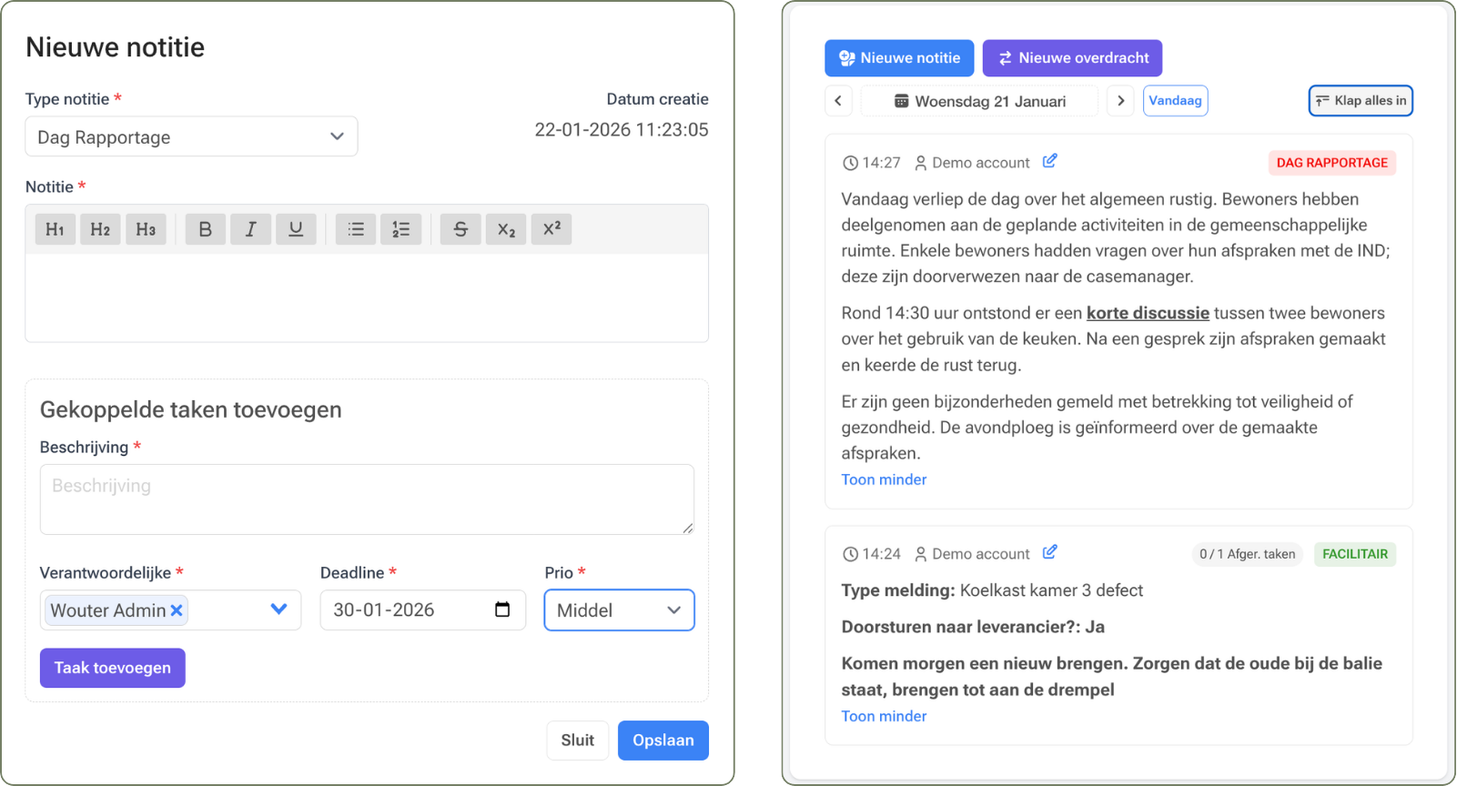 Notities en overdrachten interface