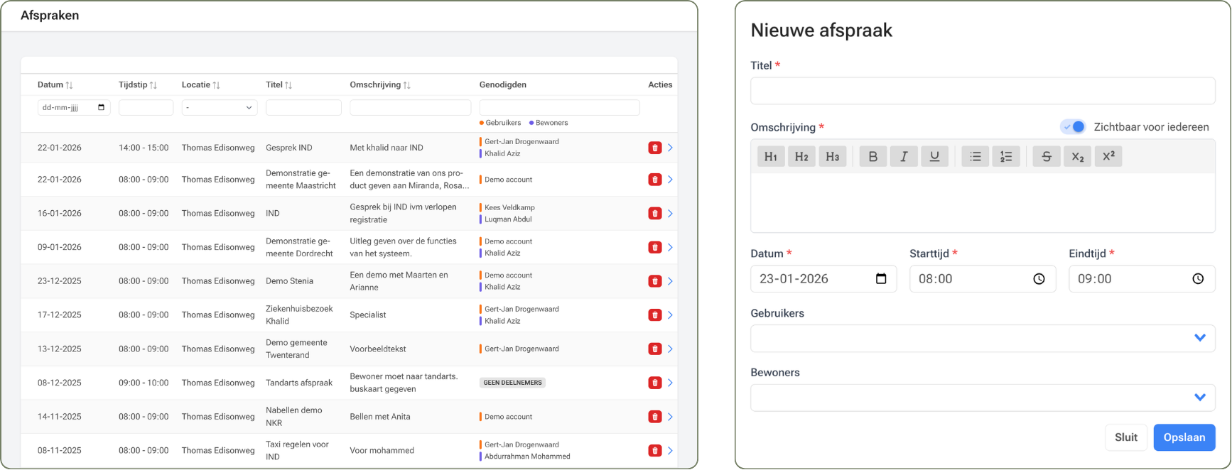 Gedeelde team agenda interface